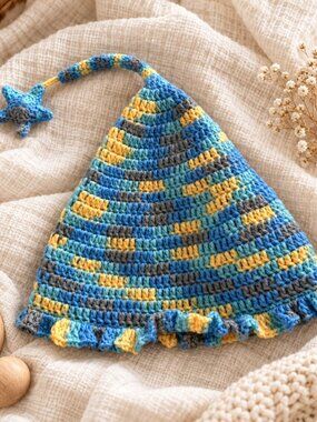 Handmade Crochet Baby Pixie Hat with Star – Colorful Elf Hat Ruffled Brim